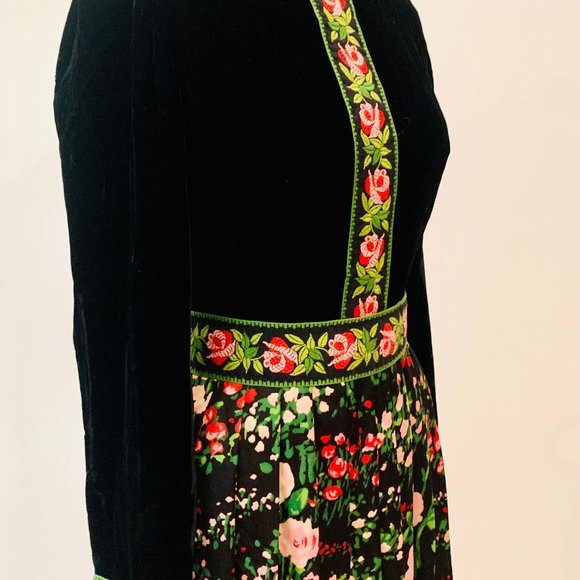 70s RK ORIGINALS true vintage BLACK velvet floral MAXI DRESS belt MEDIUM roses - Picture 7 of 12